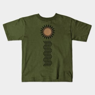 Golden sun and water minimal black line art on cream parchment Kids T-Shirt